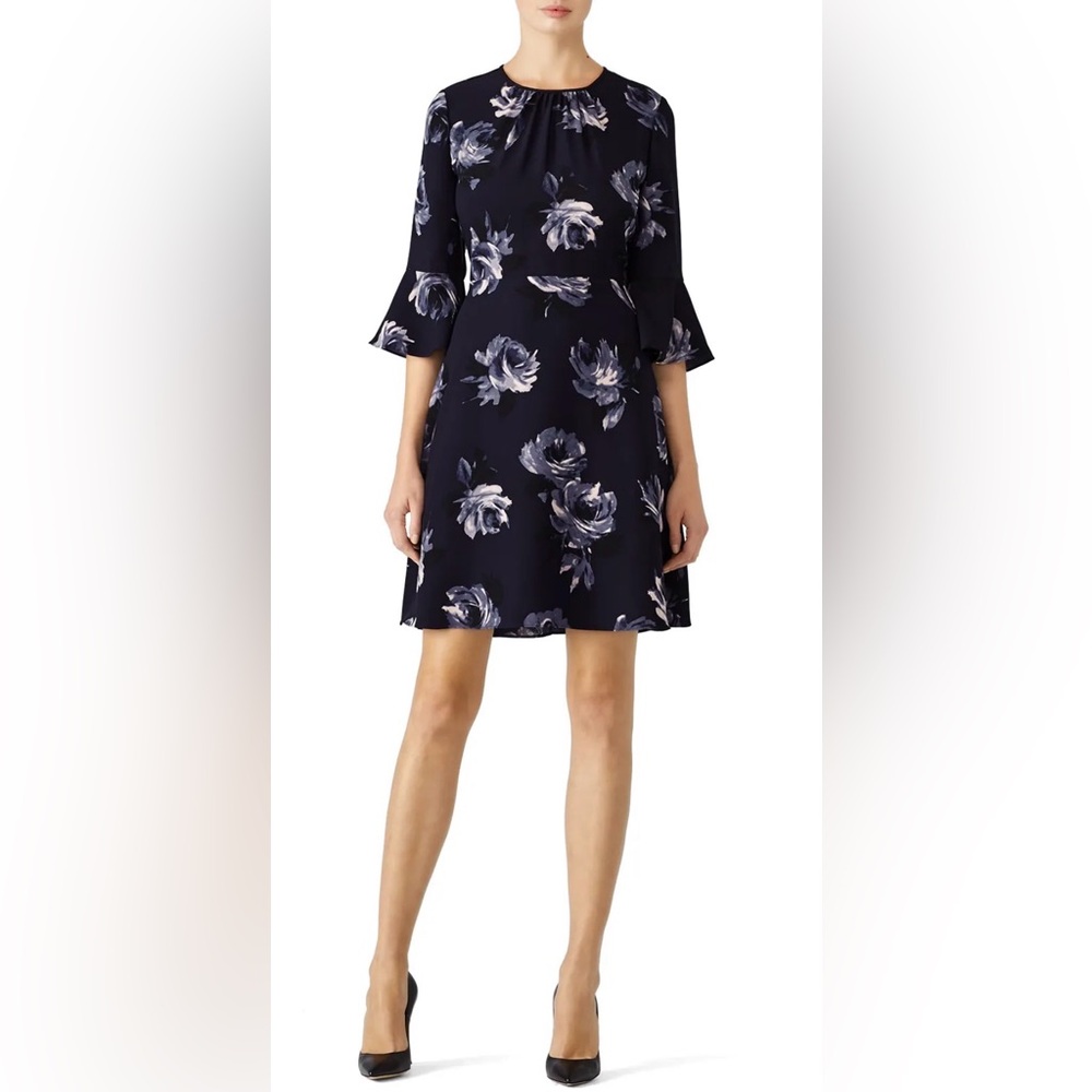 Kate Spade Night Rose Crepe Dress Size 4 NWT Navy Floral Bell Sleeve A-Line - Picture 2 of 9
